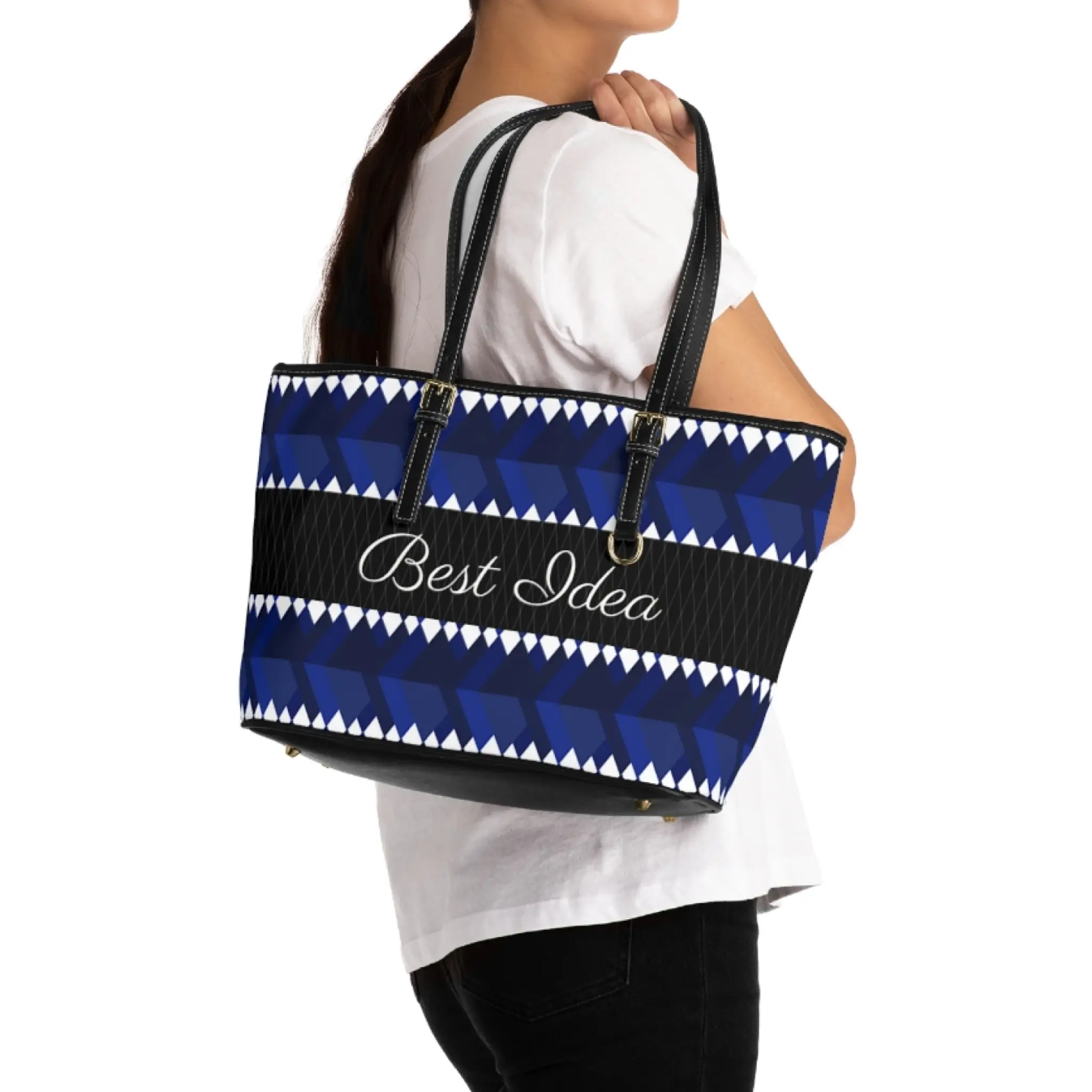 A stylish blue and white tribal print tote bag, perfect for carrying your essentials with a trendy flair. It is ideal for adding a pop of style to your everyday look.