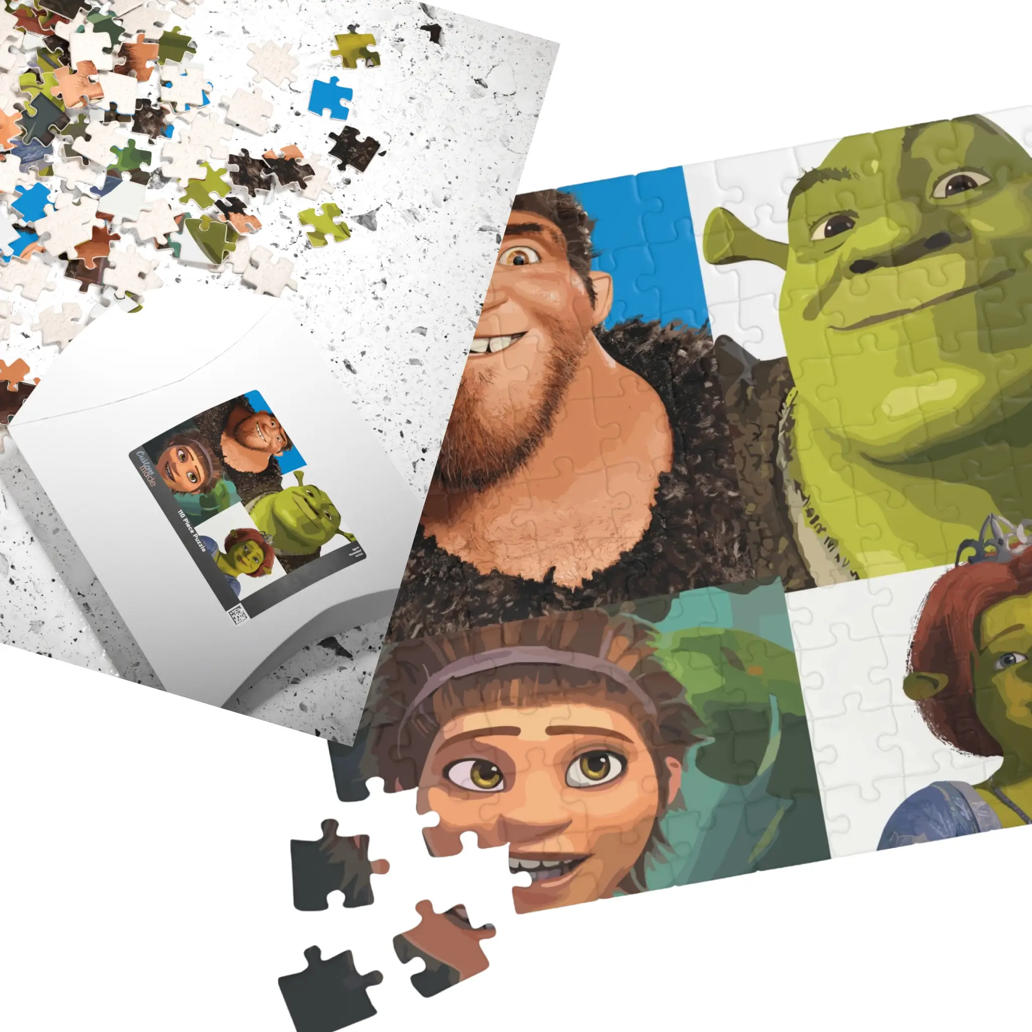 A vibrant jigsaw puzzle depicting characters from Shrek and The Crood, perfect for fans of the beloved films.