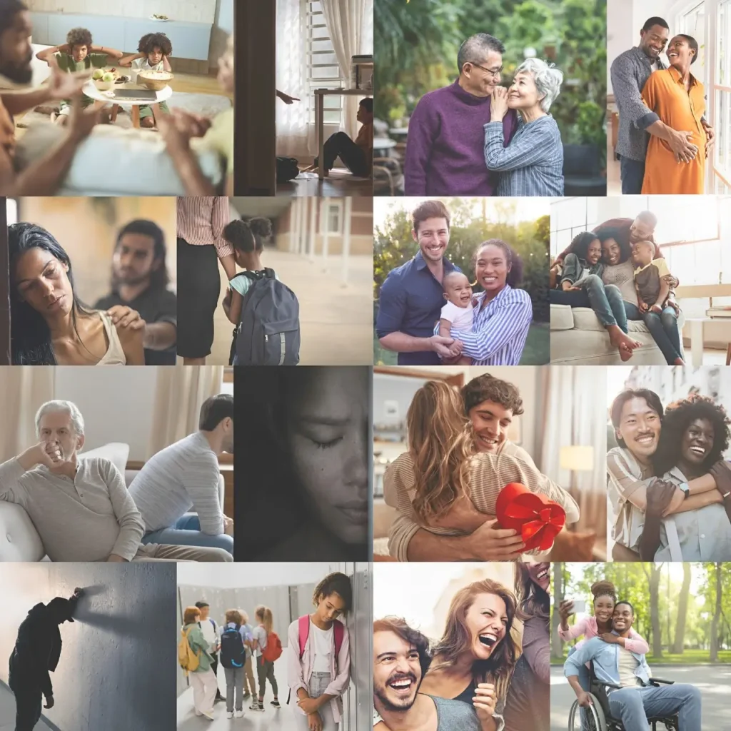 A colorful collage featuring families bonding and individuals, highlighting the bonds of love, pain, and connection among different groups.