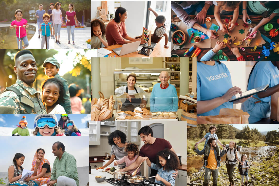 A collage showcasing joyful moments of family bonding among people and children, celebrating love and togetherness.